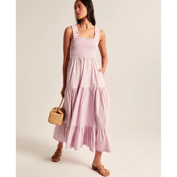 Abercrombie & Fitch Women XS Smocked Easy Maxi Tiered Dress Boho Lavender Poplin - Picture 1 of 15